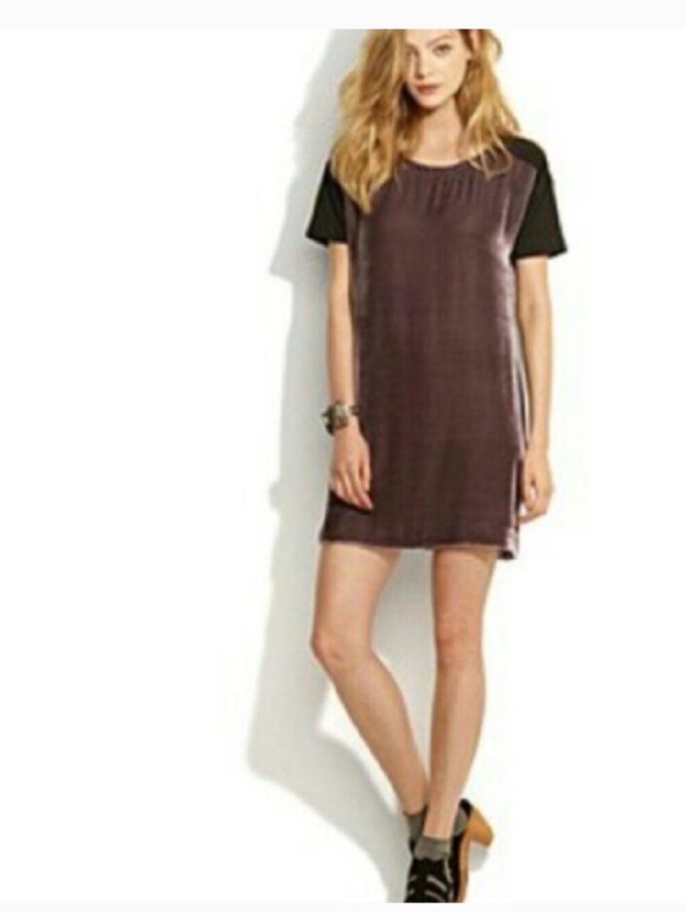 Madewell Eliot silk blend velvet t-shirt tunic shift‎ dress mauve gray purple L